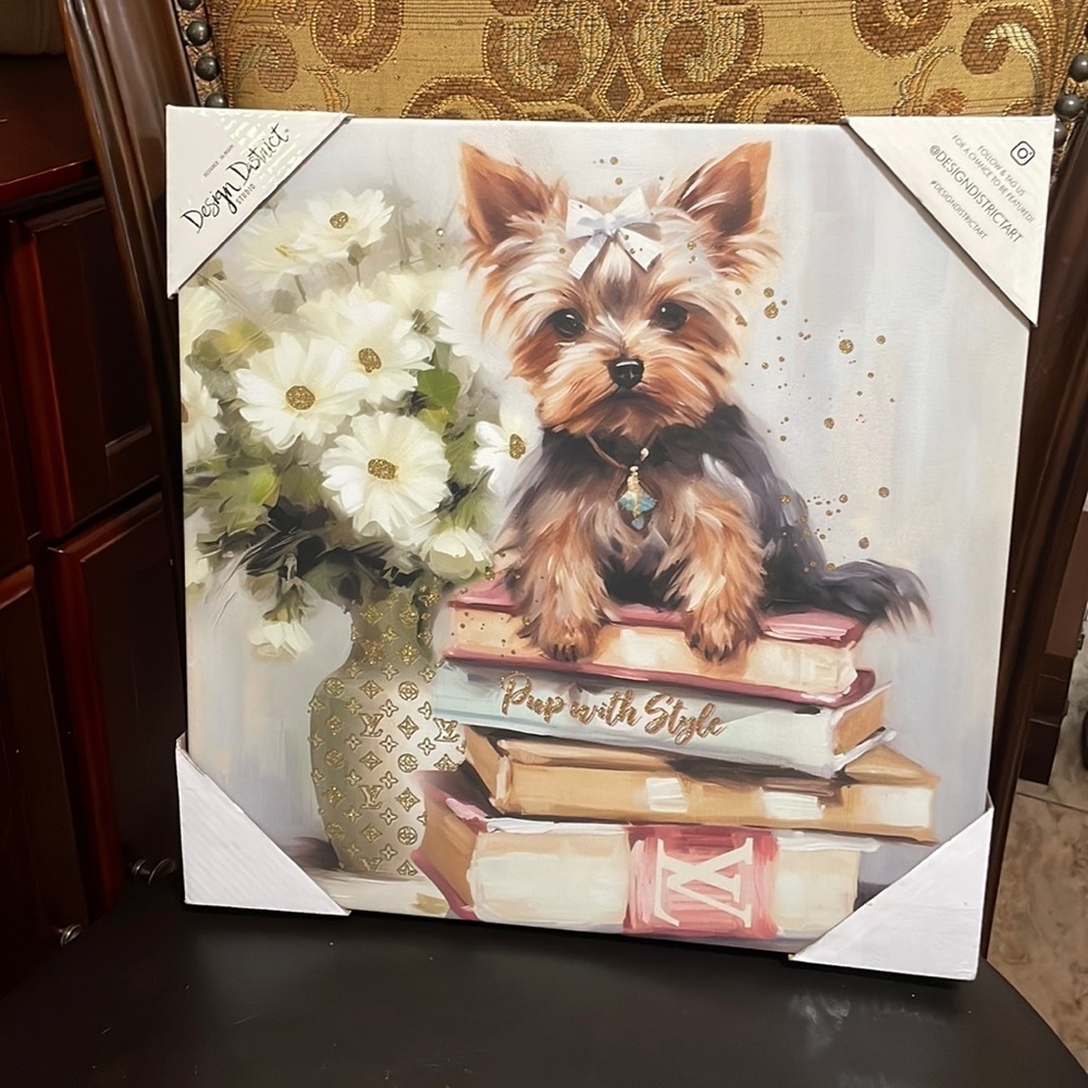 NWT DesignercDistrict Art piece Yorkie puppy laying in books 🌺🌸🌹